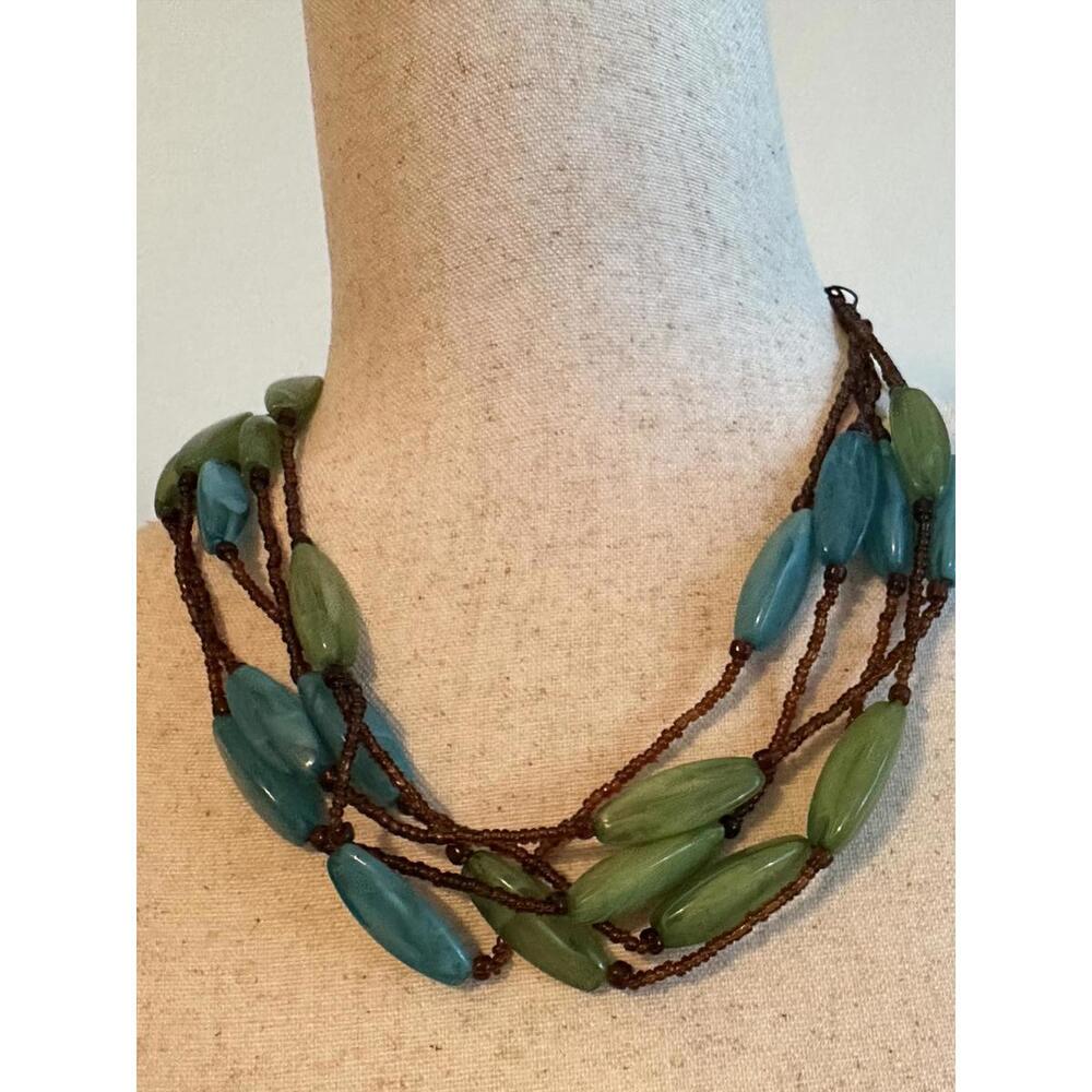 Multi-Strand Blue & Green Beaded Necklace